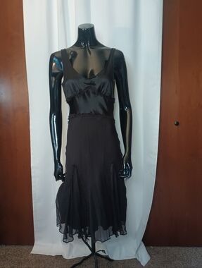 Vtg Studio M Y2K Silk Babydoll Midi Dress Small Black Goth Whimsigoth Dark Fairy